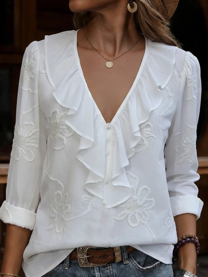 Celestine - Camicia a V con volant floreali vintage