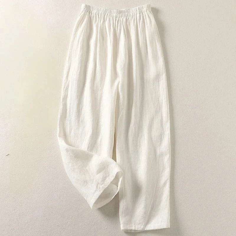 Carly- Pantaloni in cotone e lino con vita elasticizzata per look casual