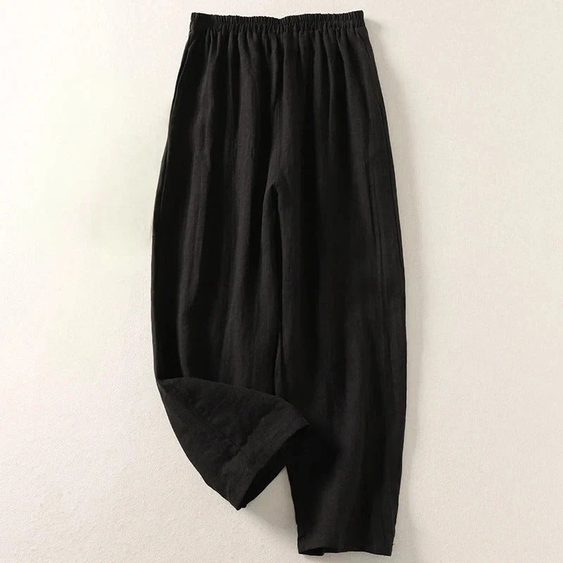 Carly- Pantaloni in cotone e lino con vita elasticizzata per look casual