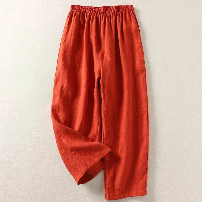 Carly- Pantaloni in cotone e lino con vita elasticizzata per look casual