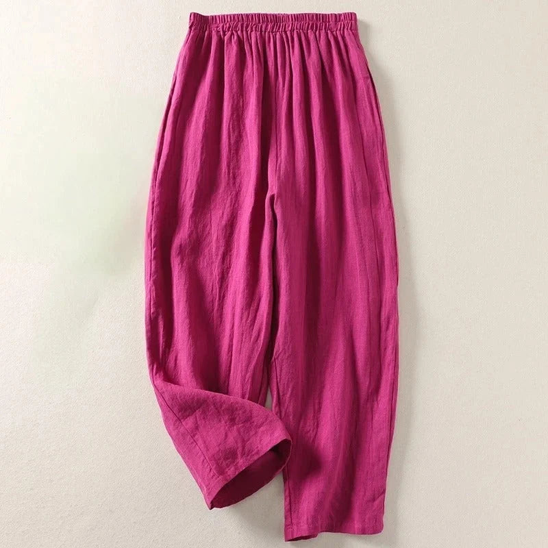 Carly- Pantaloni in cotone e lino con vita elasticizzata per look casual
