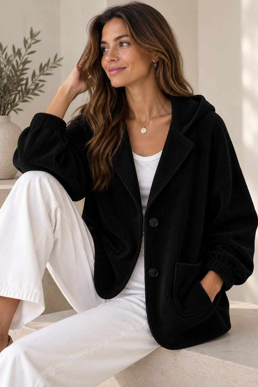 Giacca oversize in velluto a coste con cappuccio
