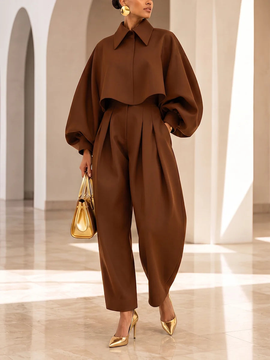 Florence - Eleganti Pantaloni Plissettati a Gamba Larga Marrone Intenso
