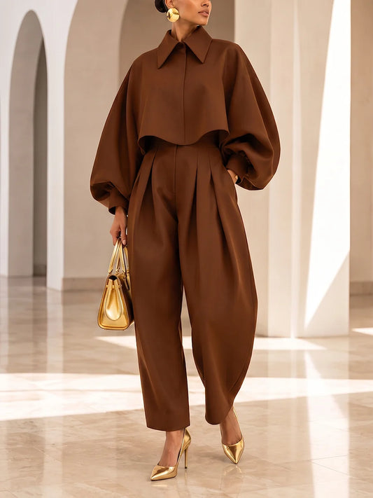 Florence - Eleganti Pantaloni Plissettati a Gamba Larga Marrone Intenso