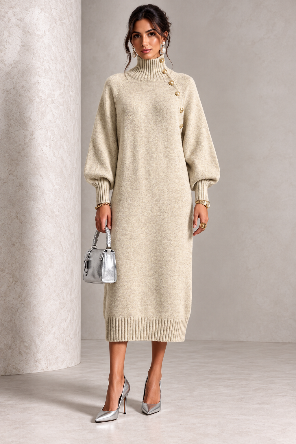 Abito midi in maglia con collo alto e bottoni laterali
