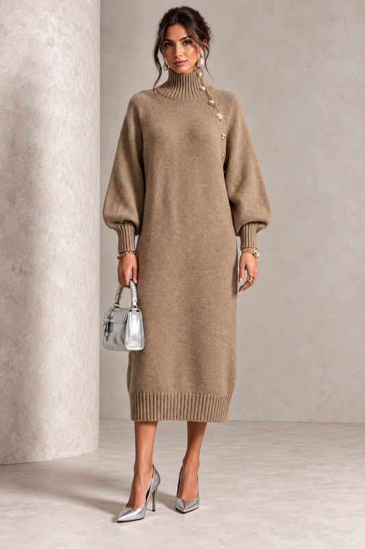 Abito midi in maglia con collo alto e bottoni laterali