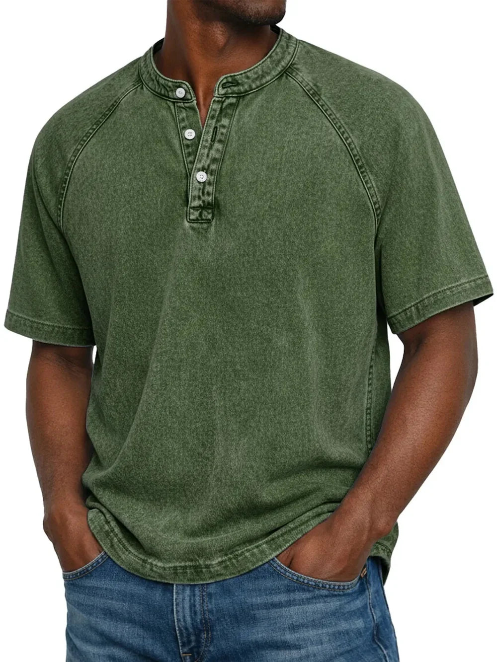 Thomas - T-shirt Henley da uomo in cotone, maniche corte, effetto vintage distressed, stile casual