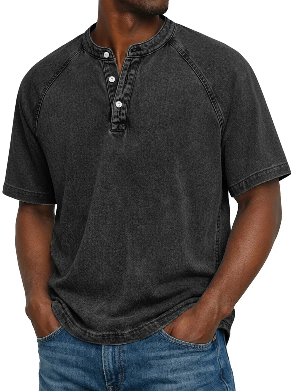 Thomas - T-shirt Henley da uomo in cotone, maniche corte, effetto vintage distressed, stile casual