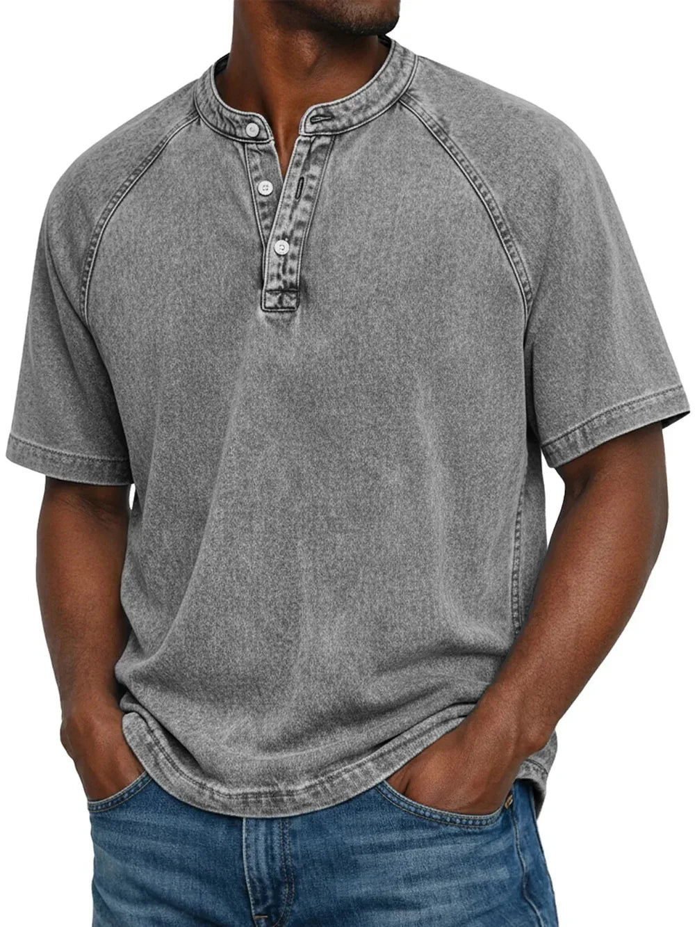 Thomas - T-shirt Henley da uomo in cotone, maniche corte, effetto vintage distressed, stile casual