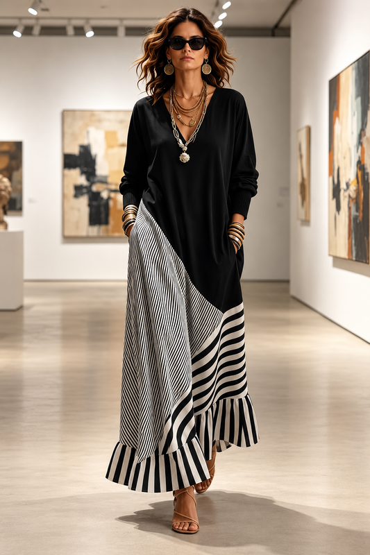 Abito maxi chic ed elegante elasticizzato nero a righe