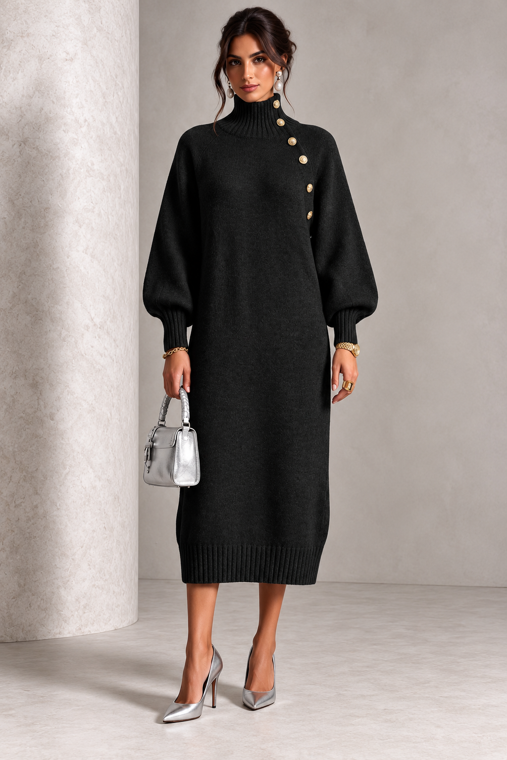 Abito midi in maglia con collo alto e bottoni laterali
