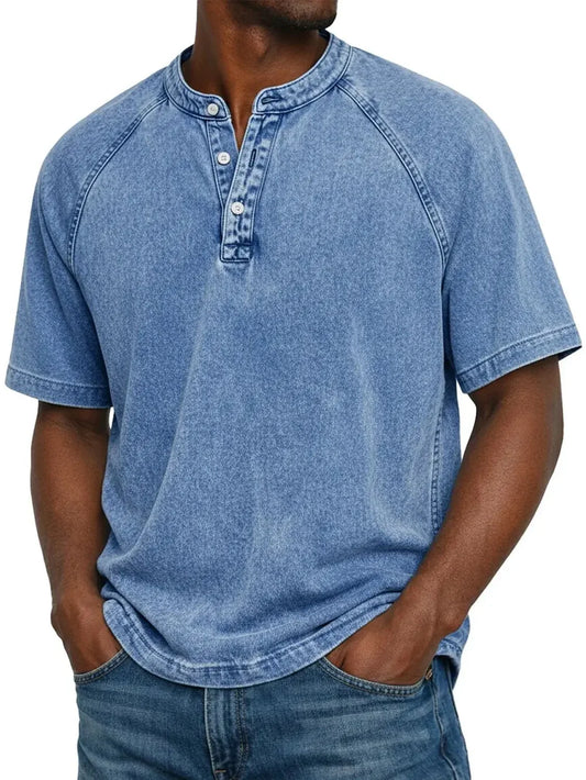 Thomas - T-shirt Henley da uomo in cotone, maniche corte, effetto vintage distressed, stile casual