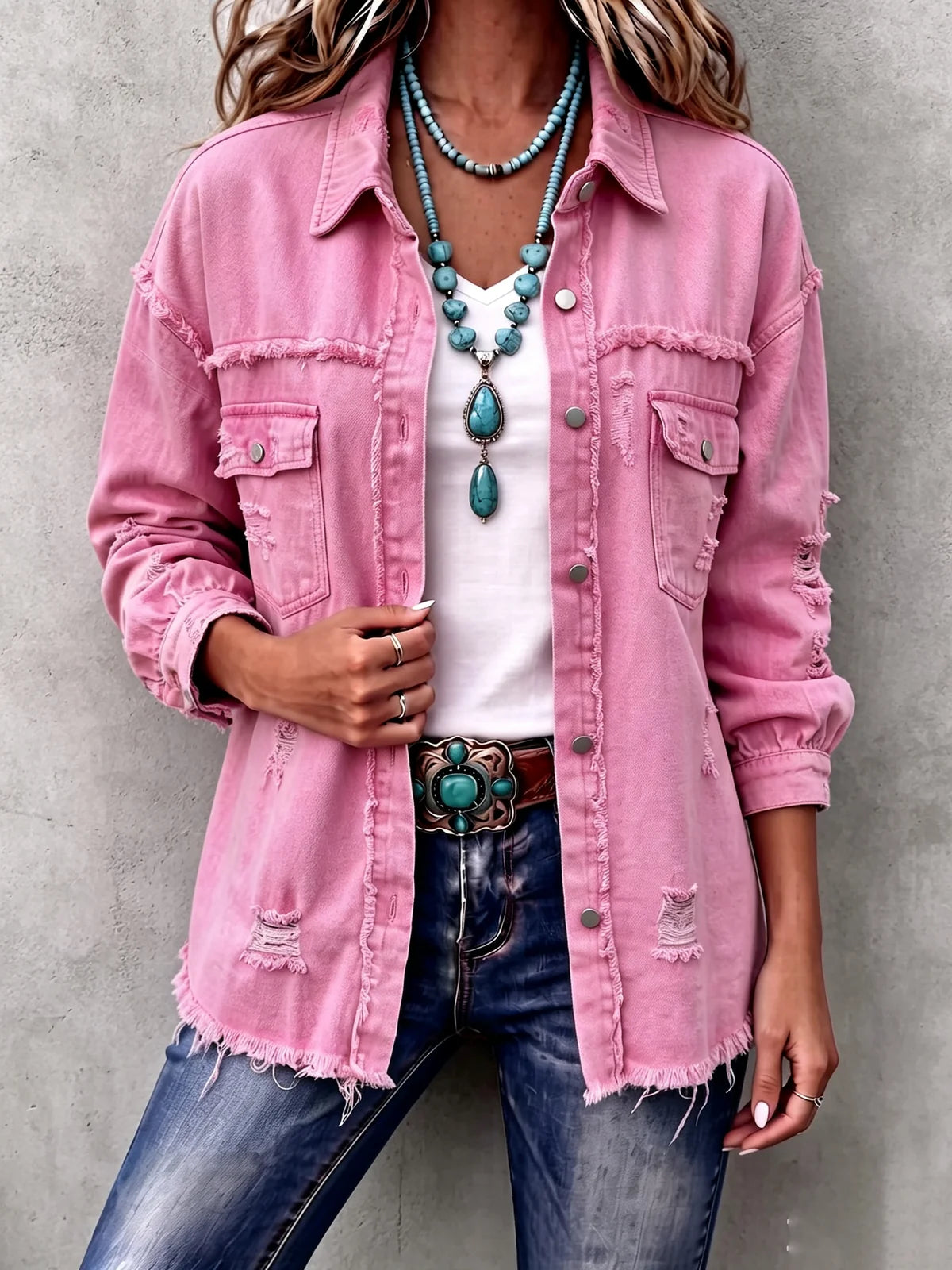 Giacca di jeans casual invecchiata con bordo a taglio vivo Hazel