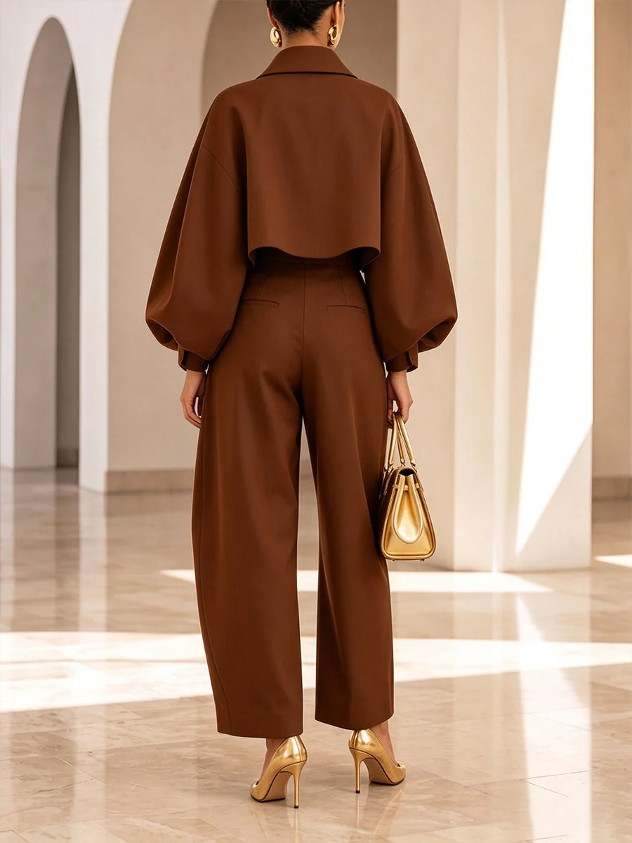 Florence - Eleganti Pantaloni Plissettati a Gamba Larga Marrone Intenso