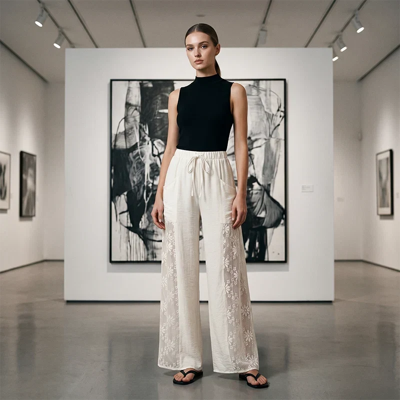Aileen - Pantaloni ampi da donna con pizzo floreale e coulisse regolabile